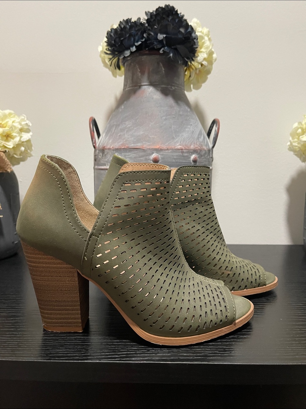 Olive Green Perforated Peep-Toe Block Booties